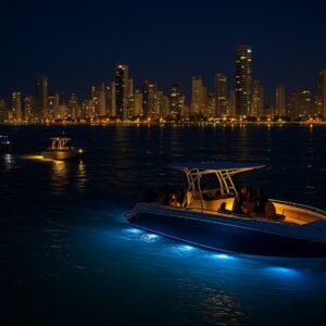 Experiencia Nocturna: Atardecer en la Bahía – Bote Bravo 410 pies
